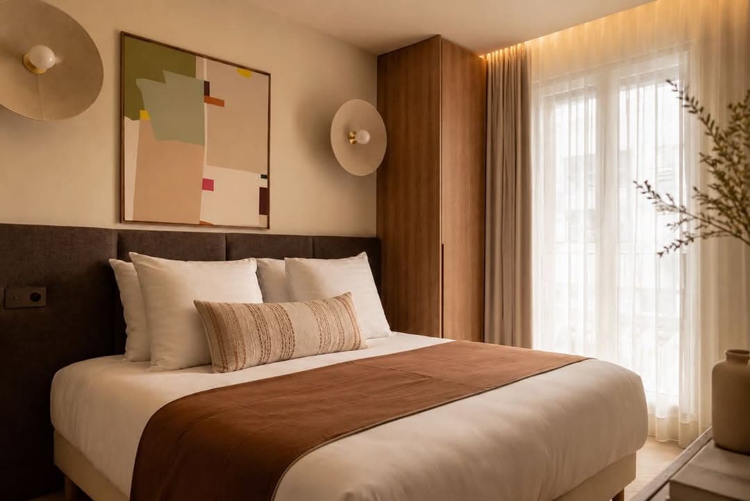 Chambre d’hôtel aux accents terracotta — projet Hospitality Montmartre